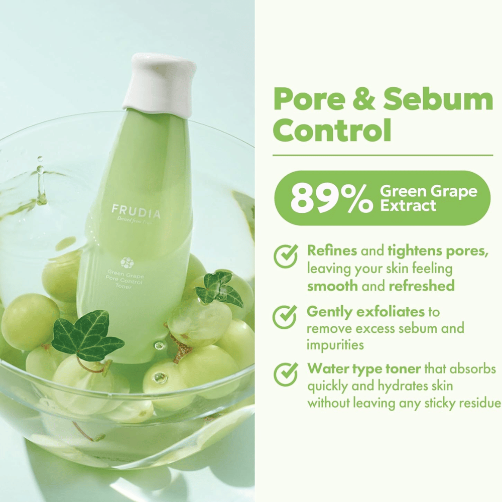 Frudia Green Grape Pore Control Toner z 89% ekstraktem z zielonych winogron, który udoskonala pory, redukuje nadmiar sebum i nawilża skórę lekkim, szybko wchłaniającym się tonik do twarzy bez lepkiego uczucia.