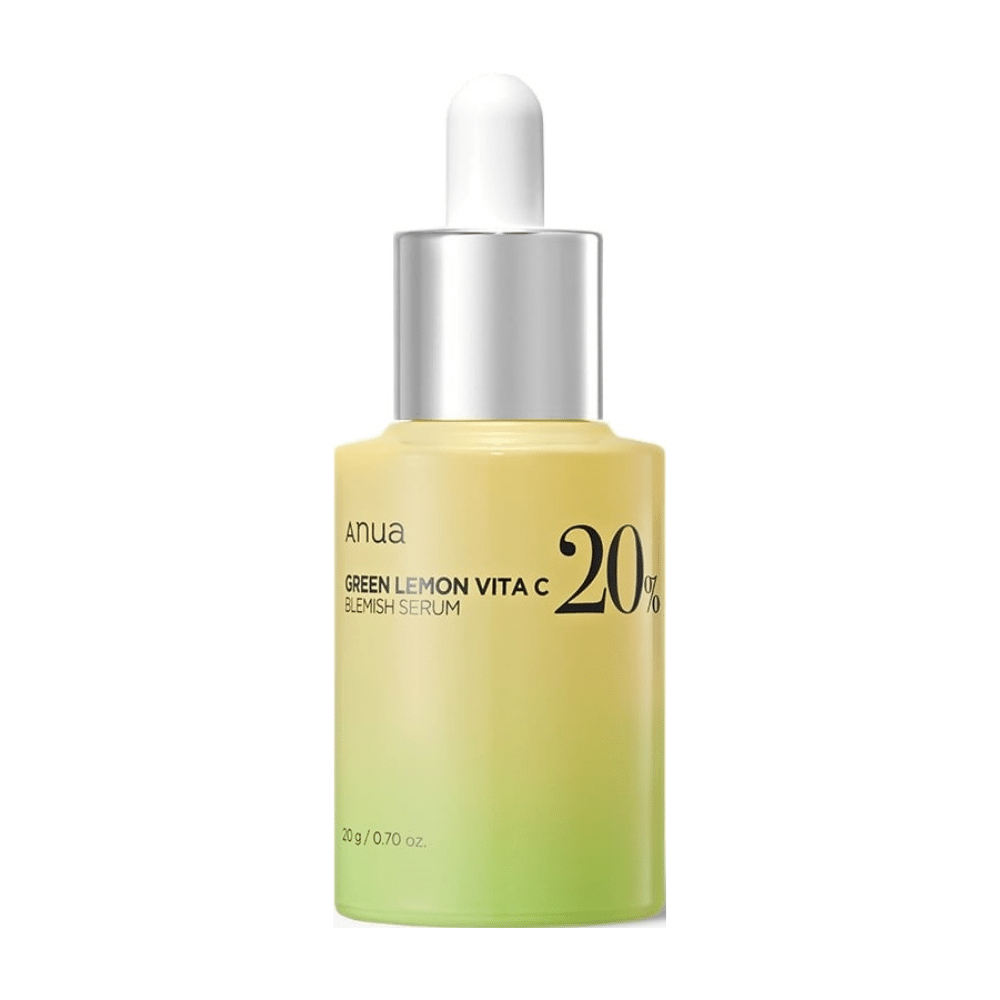 Butelka z ANUA Green Lemon Vita C Blemish Serum, zawierająca 20% witaminy C.