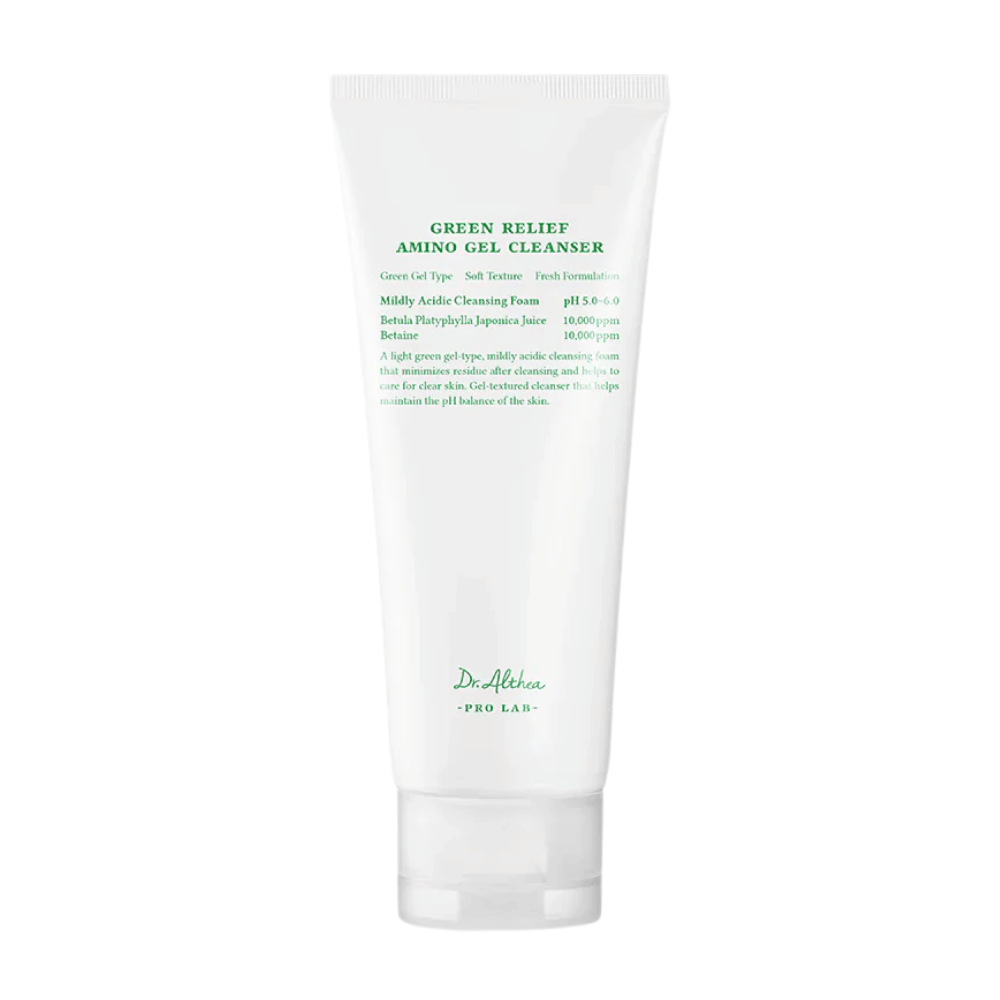Produkt pokazuje Dr. Althea Green Relief Amino Gel Cleanser – łagodny, wegański żel oczyszczający o delikatnej zielonej formule i pH 5.0–6.0 dla wrażliwej skóry.