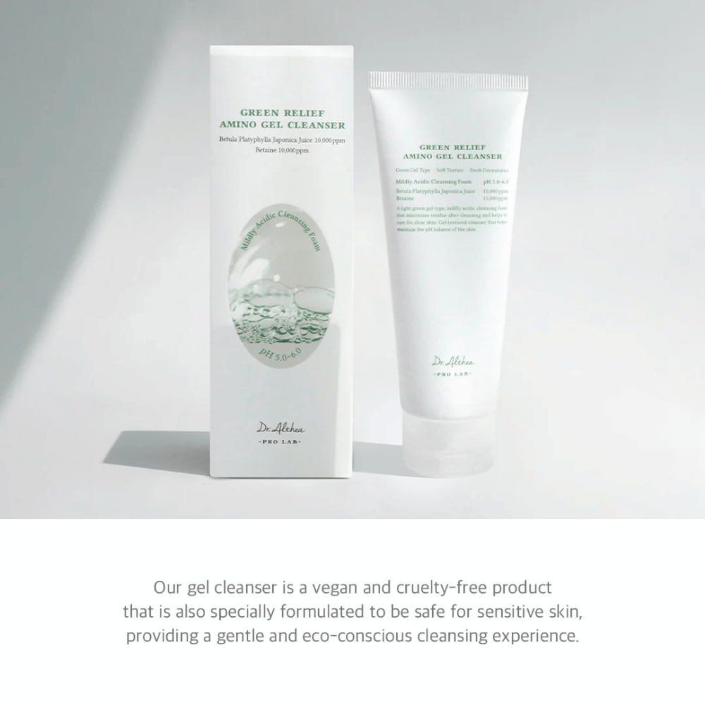 Dr. Althea Green Relief Amino Gel Cleanser to wegański, cruelty-free środek czyszczący o łagodnej żelowej teksturze. Specjalnie opracowany dla wrażliwej skóry i świadomego ekologicznie użytkowania.