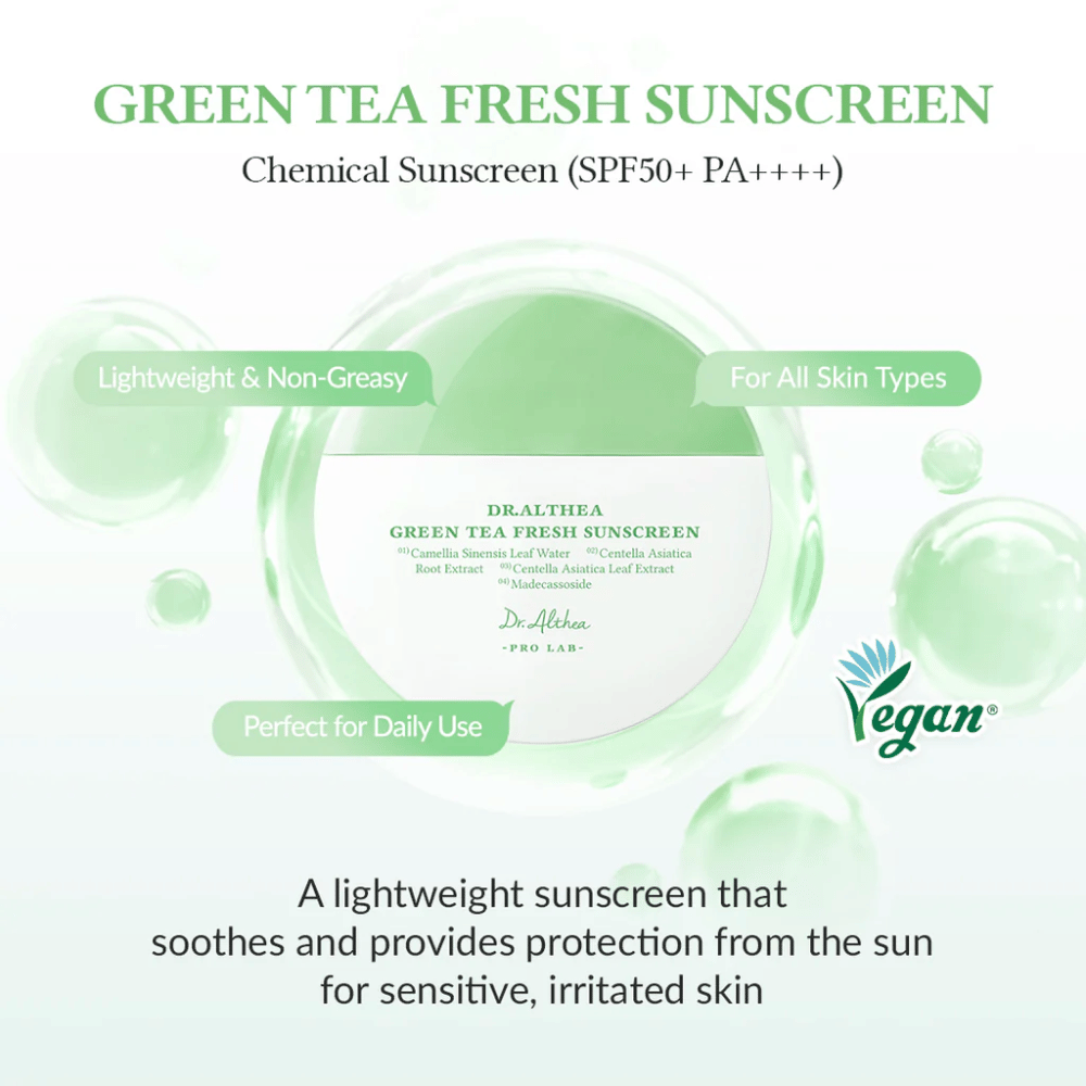 Zielono-białe zdjęcie produktu dla Dr. Althea Green Tea Fresh Sunscreen z oznaczeniami SPF50+, wegańska formuła i zalety takie jak łagodzące, lekka tekstura i ochrona dla wrażliwej skóry.