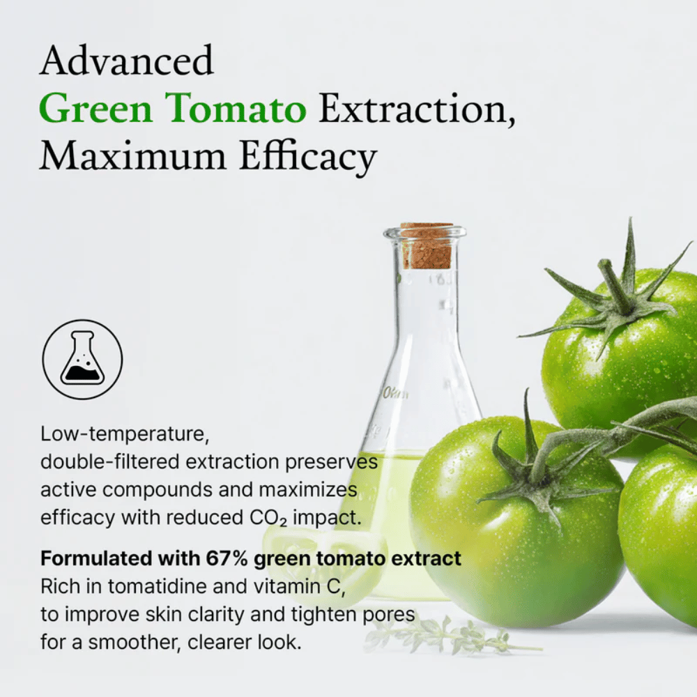 Obraz z zielonymi pomidorami i butelką laboratoryjną podkreślający składnik „green tomato extract” oraz jego wpływ na skórę.
