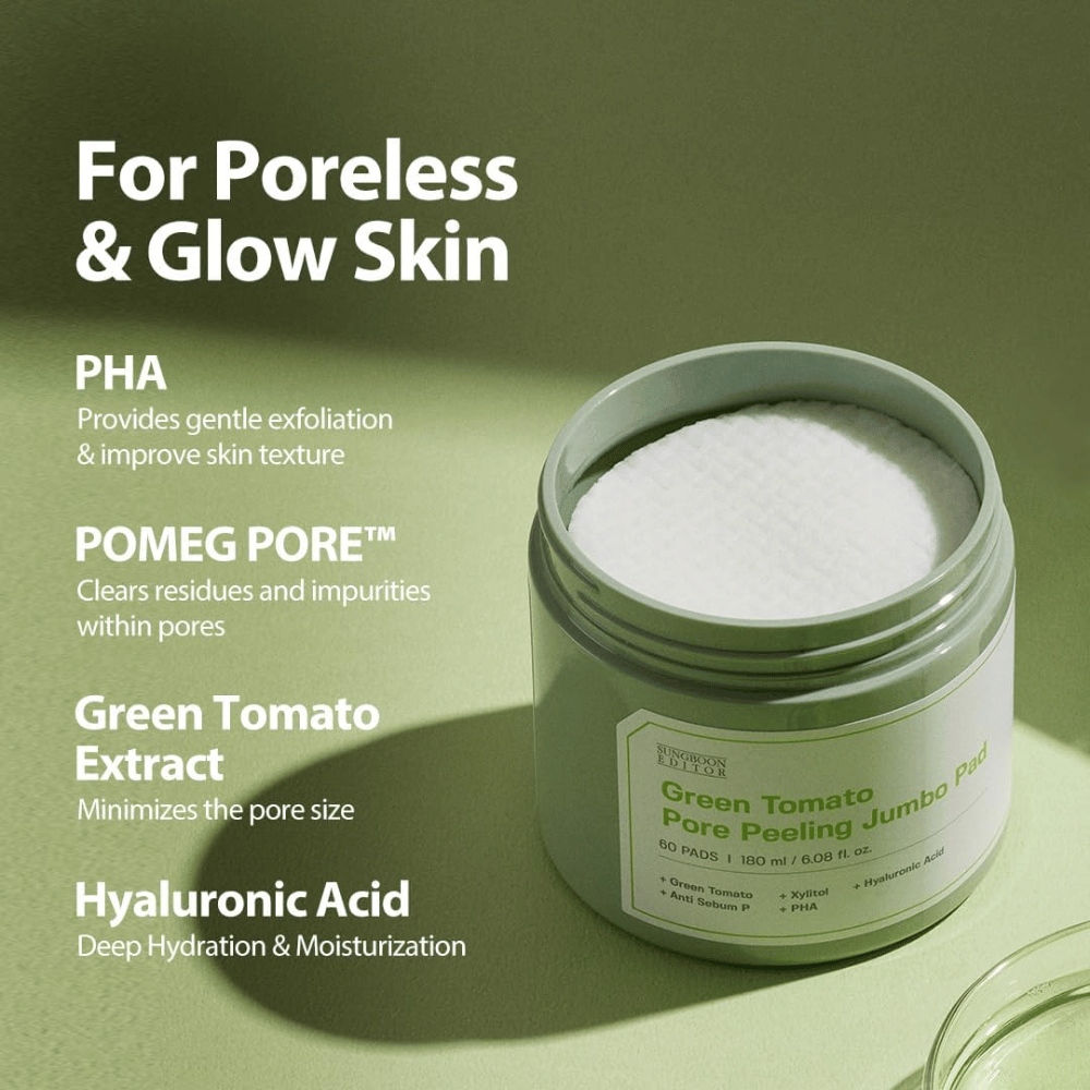 SUNGBOON EDITOR Green Tomato Pore Peeling Jumbo Pad – złuszczające płatki z PHA, ekstraktem z zielonego pomidora i kwasem hialuronowym