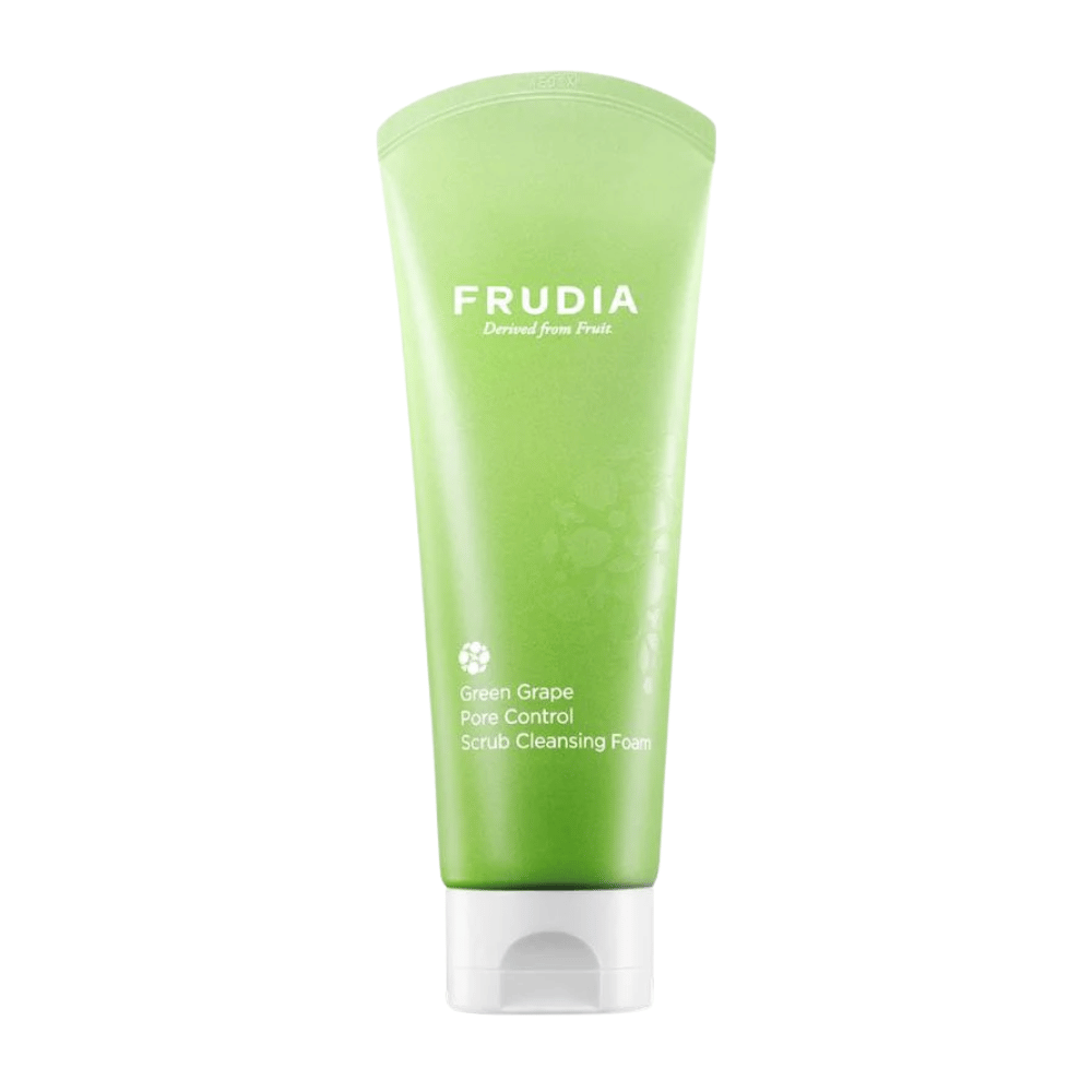 FRUDIA Green Grape Pore Control Scrub Cleansing Foam – środek do mycia twarzy zmniejszający pory z ekstraktem z zielonych winogron, który delikatnie złuszcza, głęboko oczyszcza pory i równoważy sebum dla jaśniejszej skóry.
