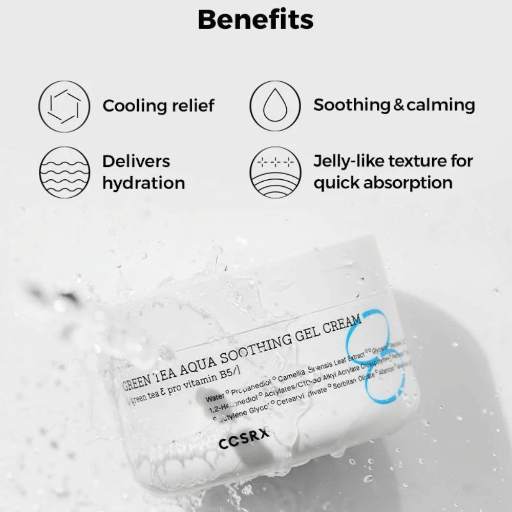 COSRX Green Tea Aqua Soothing Gel Cream – Zalety: efekt chłodzący, łagodzący i pielęgnujący, intensywne nawilżenie i żelowa konsystencja dla szybkiego wchłaniania.