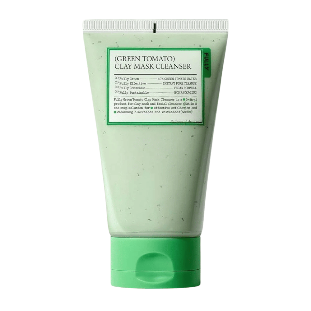 Zdjęcie produktu Green Tomato Clay Mask Cleanser w zielonej tubce na białym tle. Skupienie na opakowaniu i designie.