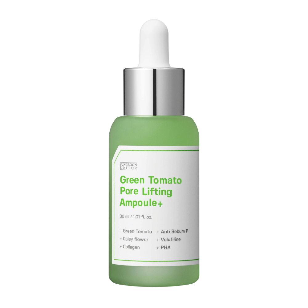 Zdjęcie produktu Green Tomato Pore Lifting Ampoule+ w zielonej szklanej butelce z pipetą.