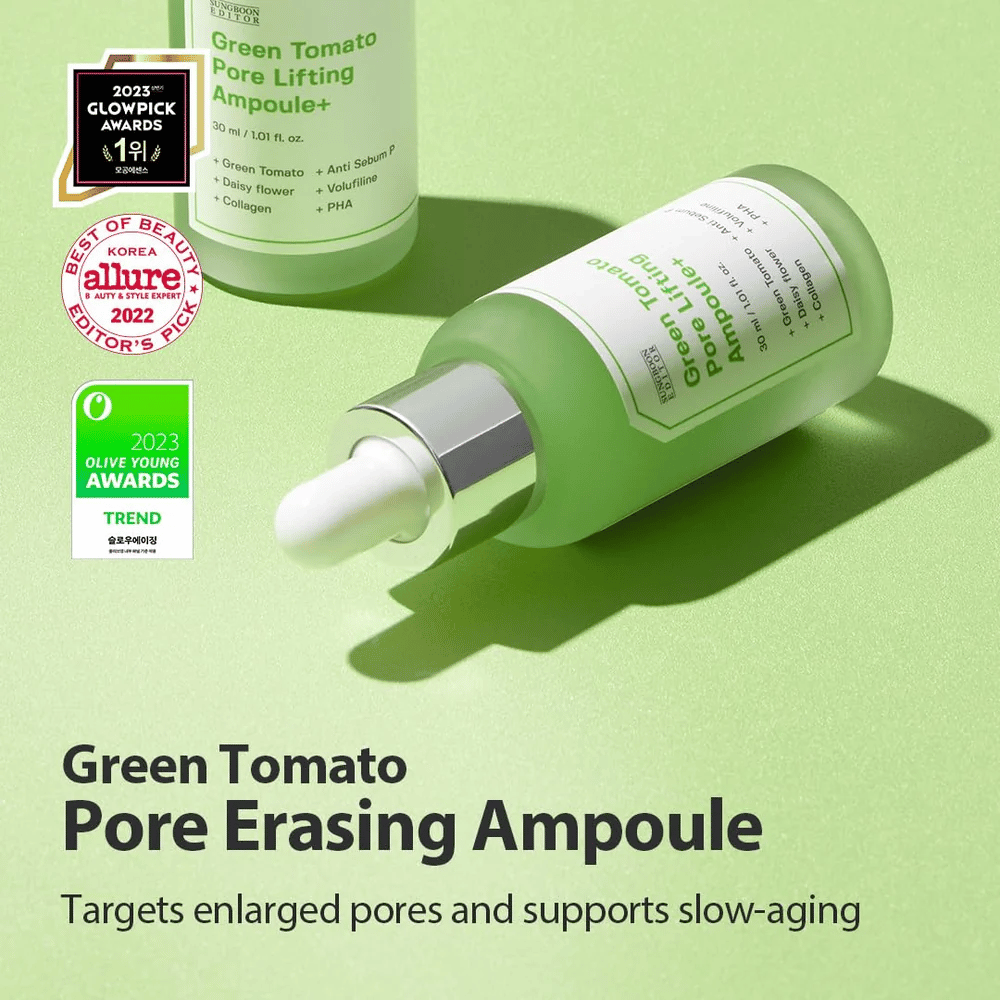 Zdjęcie produktu Green Tomato Pore Lifting Ampoule+ z wyróżnieniami od Glowpick, Allure i Olive Young Awards 2023.