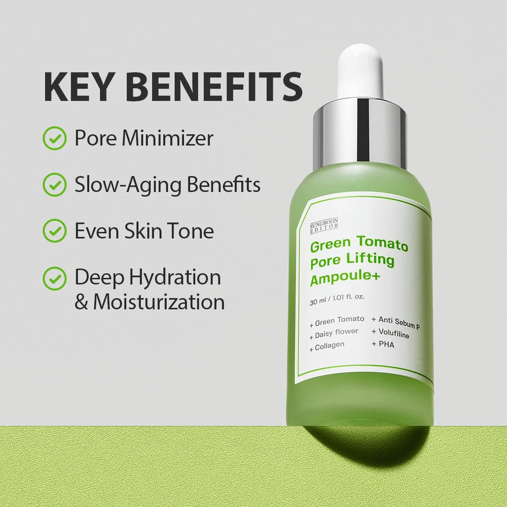 Green Tomato Pore Lifting Ampoule+ z butelką z pipetą na zielonym tle, wymienione kluczowe zalety takie jak zmniejszenie porów, działanie przeciwstarzeniowe, wyrównanie kolorytu skóry i nawilżenie.