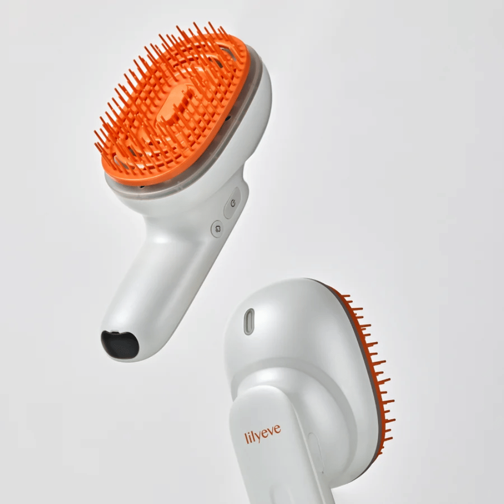 LILYEVE GrowTurn Brush Steam Booster – przód i tył z ergonomicznym uchwytem i pomarańczowym włosiem