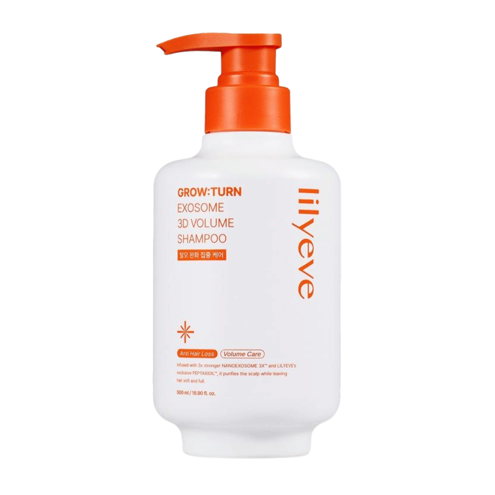 LILYEVE Grow:Turn Exosome 3D Volume Shampoo w białej butelce z pompką z pomarańczowymi detalami do pielęgnacji skóry głowy