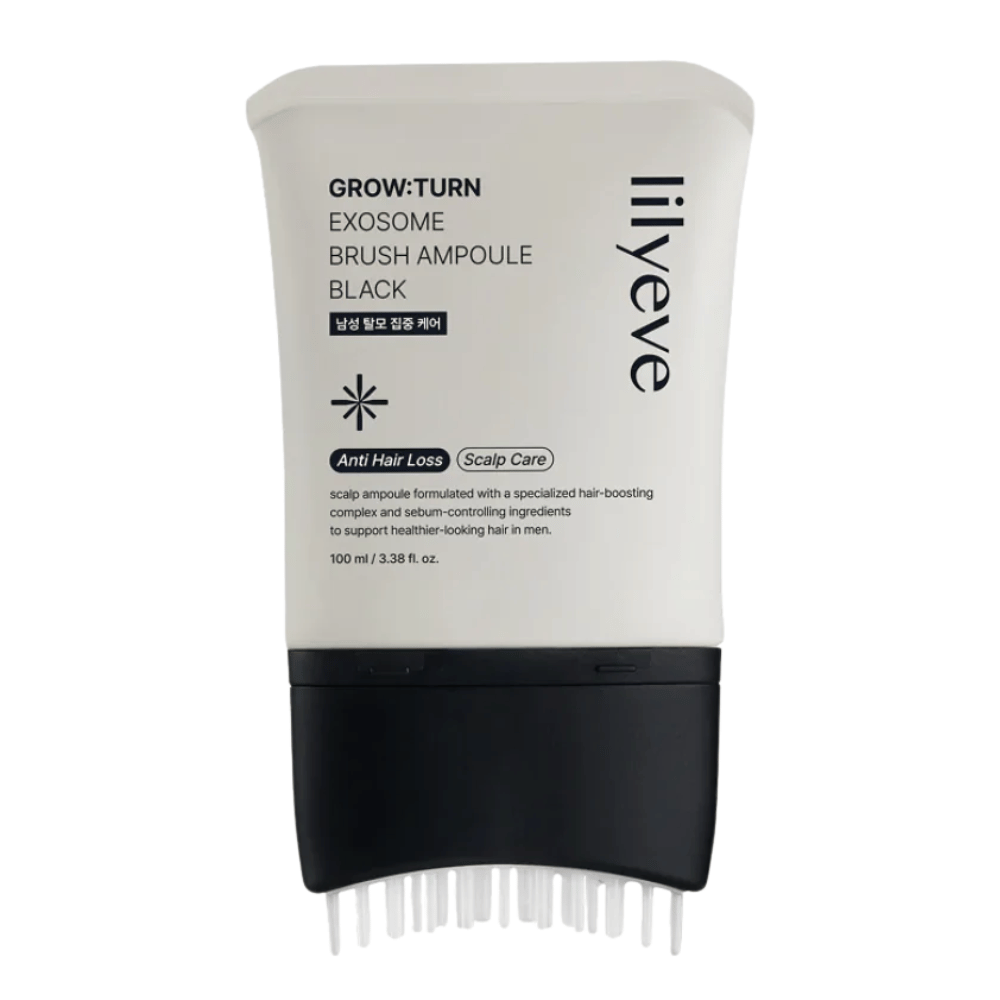 Wyizolowane zdjęcie produktu LILYEVE Grow:Turn Exosome Brush Ampoule Prime na białym tle. Zintegrowany aplikator szczotkowy ułatwia nakładanie serum bezpośrednio na skórę głowy do codziennej pielęgnacji włosów i skóry głowy.