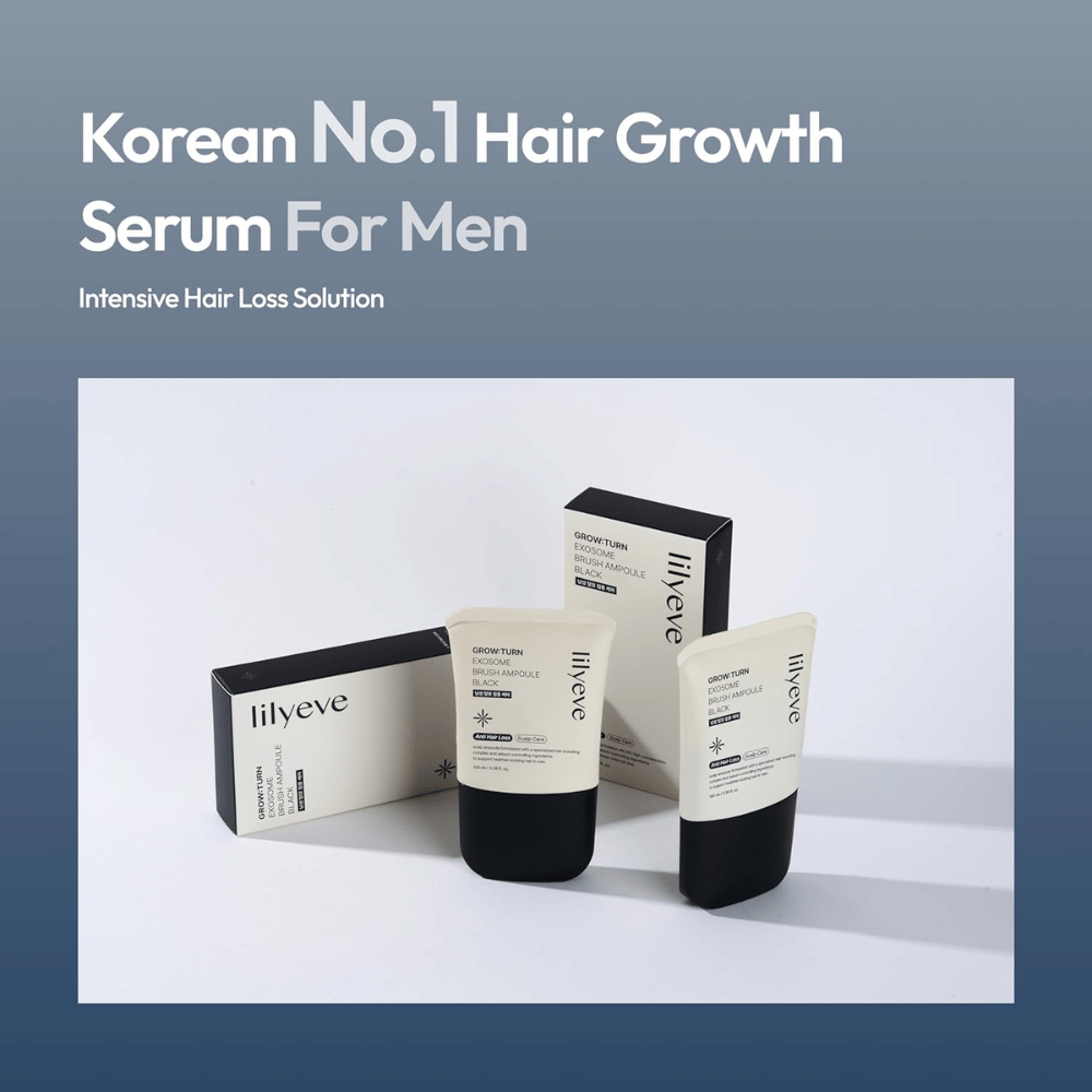 Zdjęcie produktu i opakowania LILYEVE Grow:Turn Exosome Brush Ampoule Prime. Obraz podkreśla serum jako produkt do pielęgnacji włosów opracowany dla mężczyzn, z naciskiem na pielęgnację skóry głowy i potrzeby związane z wypadaniem włosów.