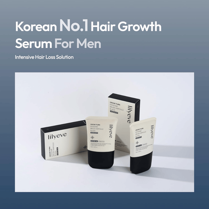 Zdjęcie produktu i opakowania LILYEVE Grow:Turn Exosome Brush Ampoule Prime. Obraz podkreśla serum jako produkt do pielęgnacji włosów opracowany dla mężczyzn, z naciskiem na pielęgnację skóry głowy i potrzeby związane z wypadaniem włosów.