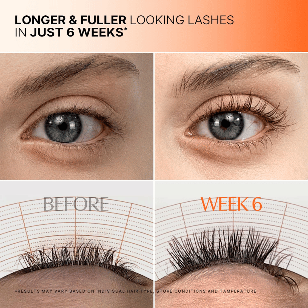 Zdjęcie przed i po rzęs po 6 tygodniach stosowania LILYEVE Grow Turn Exosome Dual Lash Serum.