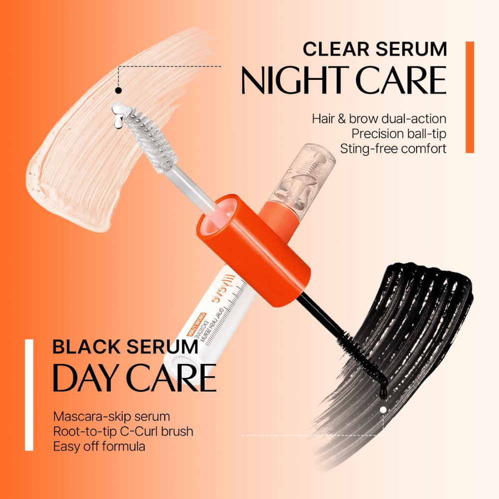 LILYEVE Grow Turn Exosome Dual Lash Serum z transparentnym serum na noc i czarnym serum na dzień w dwustronnym opakowaniu.