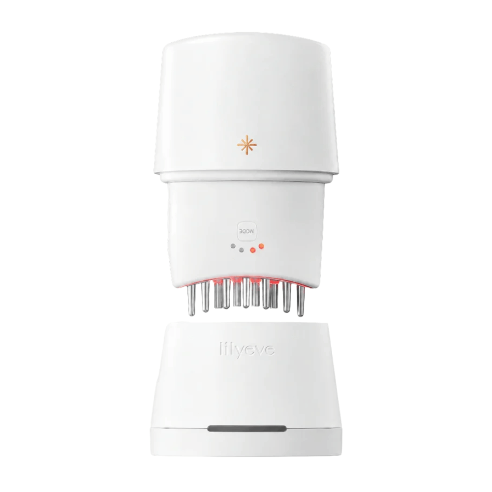 5. Lilyeve GrowTurn Pro – białe urządzenie do skóry głowy z czerwonym światłem LED i dołączoną stacją ładującą