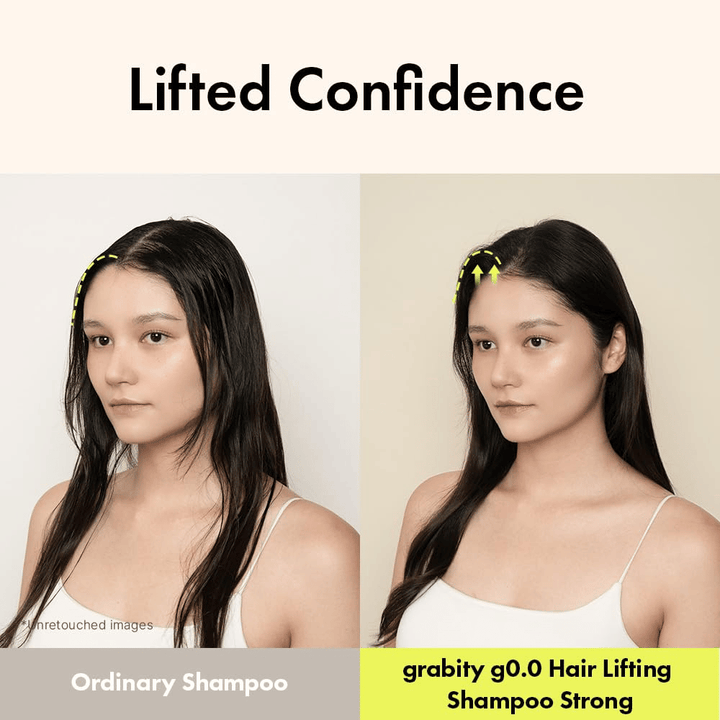 Zdjęcie przed i po pokazujące zwiększoną objętość i uniesienie u nasady po użyciu Grabity g0.0 Hair Lifting Shampoo Strong do cienkich i płaskich włosów.