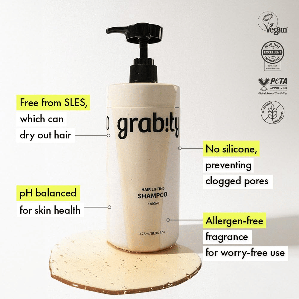 Grabity g0.0 Hair Lifting Shampoo Strong z informacją o formule bez SLES, składzie bez silikonów, zapachu bez alergenów oraz certyfikatach potwierdzających wegańską i delikatną pielęgnację włosów.
