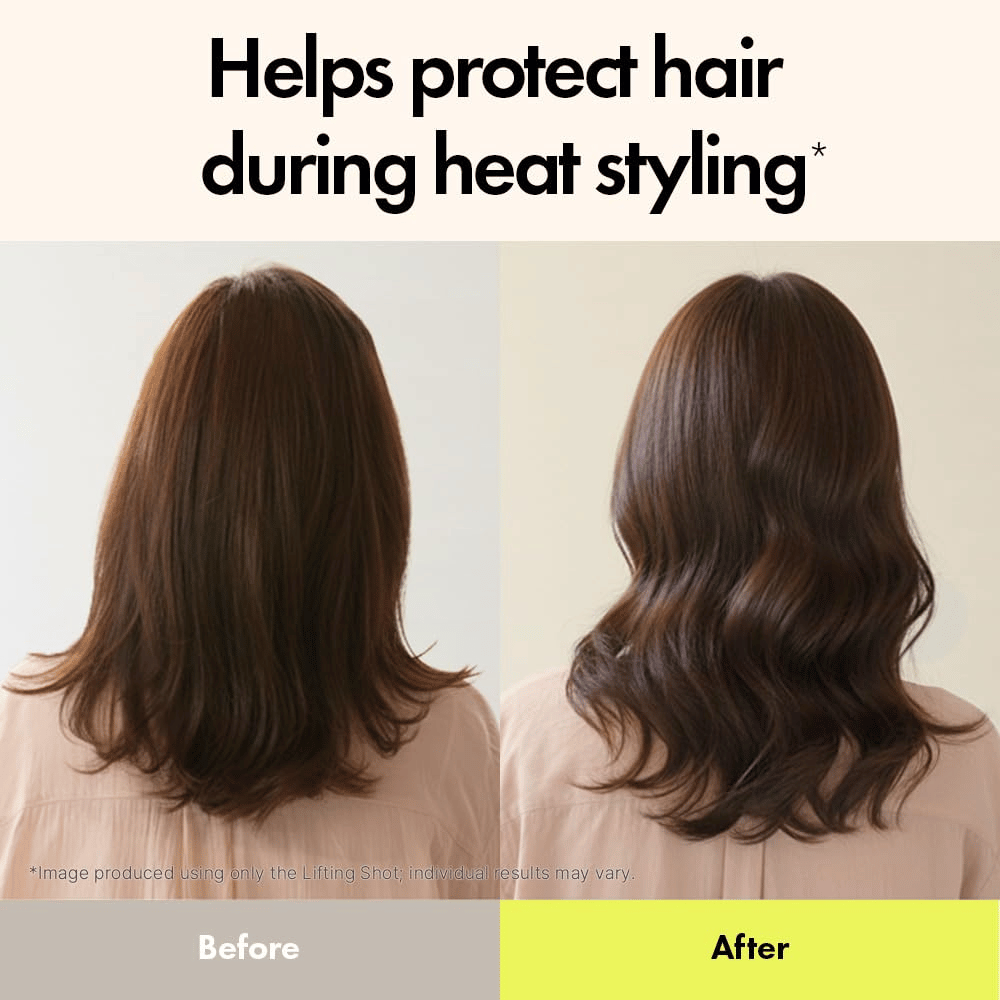 Zdjęcie przed i po pokazujące efekt działania Grabity Hair Lifting Shot. Włosy wyglądają na pełniejsze, bardziej zdefiniowane i lepiej chronione podczas stylizacji na ciepło po użyciu.