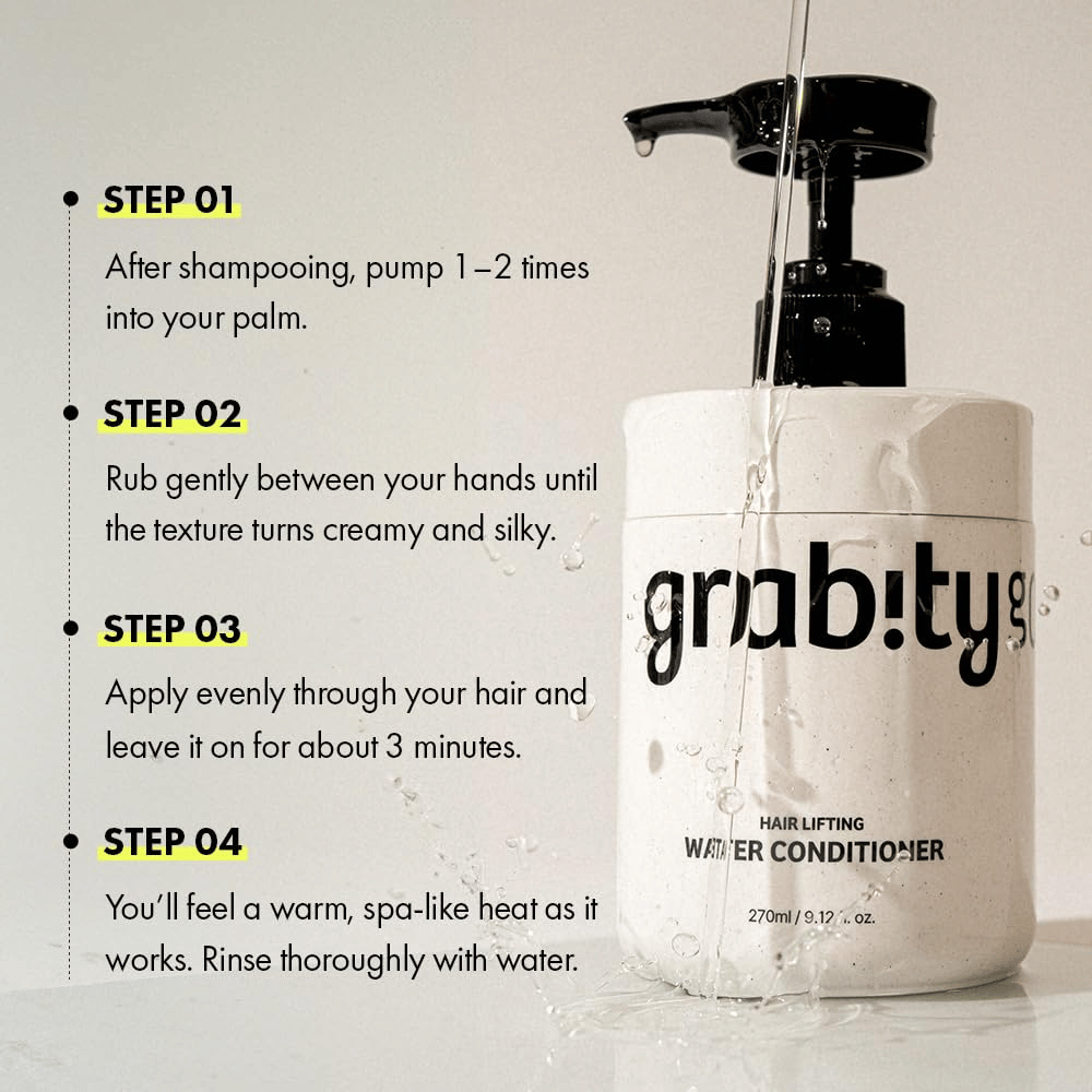 Ilustracja instruktażowa dla Grabity Hair Lifting Water Conditioner, pokazująca, jak produkt stosować po myciu szamponem, aby zapewnić pielęgnację, blask i pełniejsze wrażenie włosów.