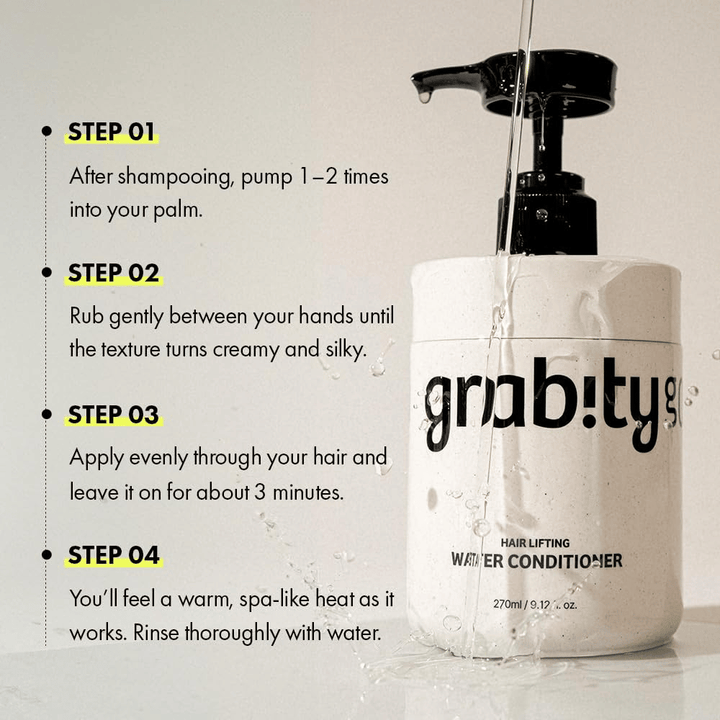 Ilustracja instruktażowa dla Grabity Hair Lifting Water Conditioner, pokazująca, jak produkt stosować po myciu szamponem, aby zapewnić pielęgnację, blask i pełniejsze wrażenie włosów.