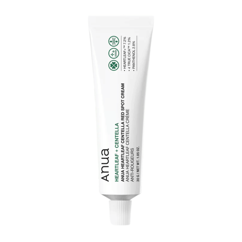 Anua Heartleaf Centella Red Spot Cream w białej tubce, krem punktowy z centellą, aby uspokoić skórę i wzmocnić barierę wilgoci.