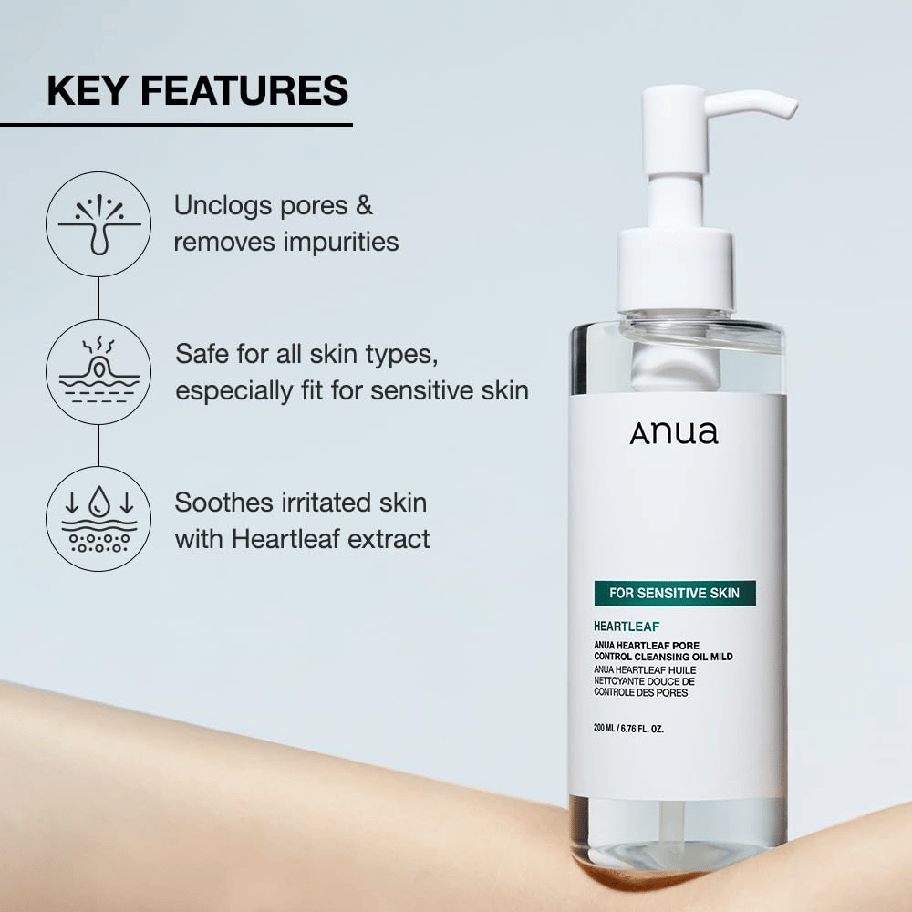 Anua Heartleaf Pore Control Cleansing Oil Mild to delikatny olejek oczyszczający dla wszystkich typów skóry, szczególnie odpowiedni dla skóry wrażliwej. Pomaga w: Usuwaniu zanieczyszczeń i oczyszczaniu porów. Łagodzeniu podrażnionej skóry za pomocą ekstraktu z heartleaf. Jest bezpieczny dla wszystkich typów skóry i szczególnie dostosowany, aby być łagodnym i skutecznym.