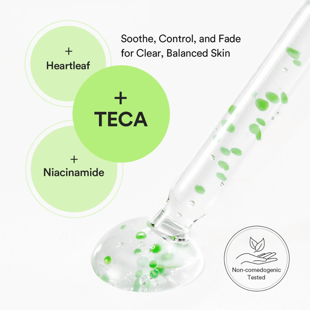 Ilustracja produktu pokazująca połączenie Heartleaf, TECA i niacynamidu w celu zrównoważenia skóry, kontroli sebum i zmniejszenia widocznych problemów skórnych.