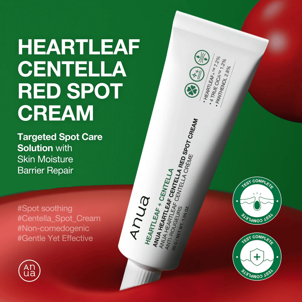Anua Heartleaf Centella Red Spot Cream w białej tubce przedstawionej na zielonym tle, z naciskiem na punktowe leczenie, naprawę bariery wilgoci i przetestowaną łagodną formułę.