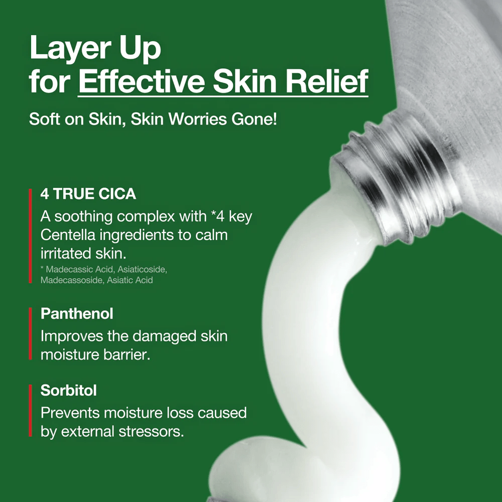 Anua Heartleaf Centella Red Spot Cream z białym kremem wyciskanym z tubki, zaznaczone składniki, takie jak 4 True Cica, Pantenol i Sorbitol dla efektu łagodzącego i nawilżającego.