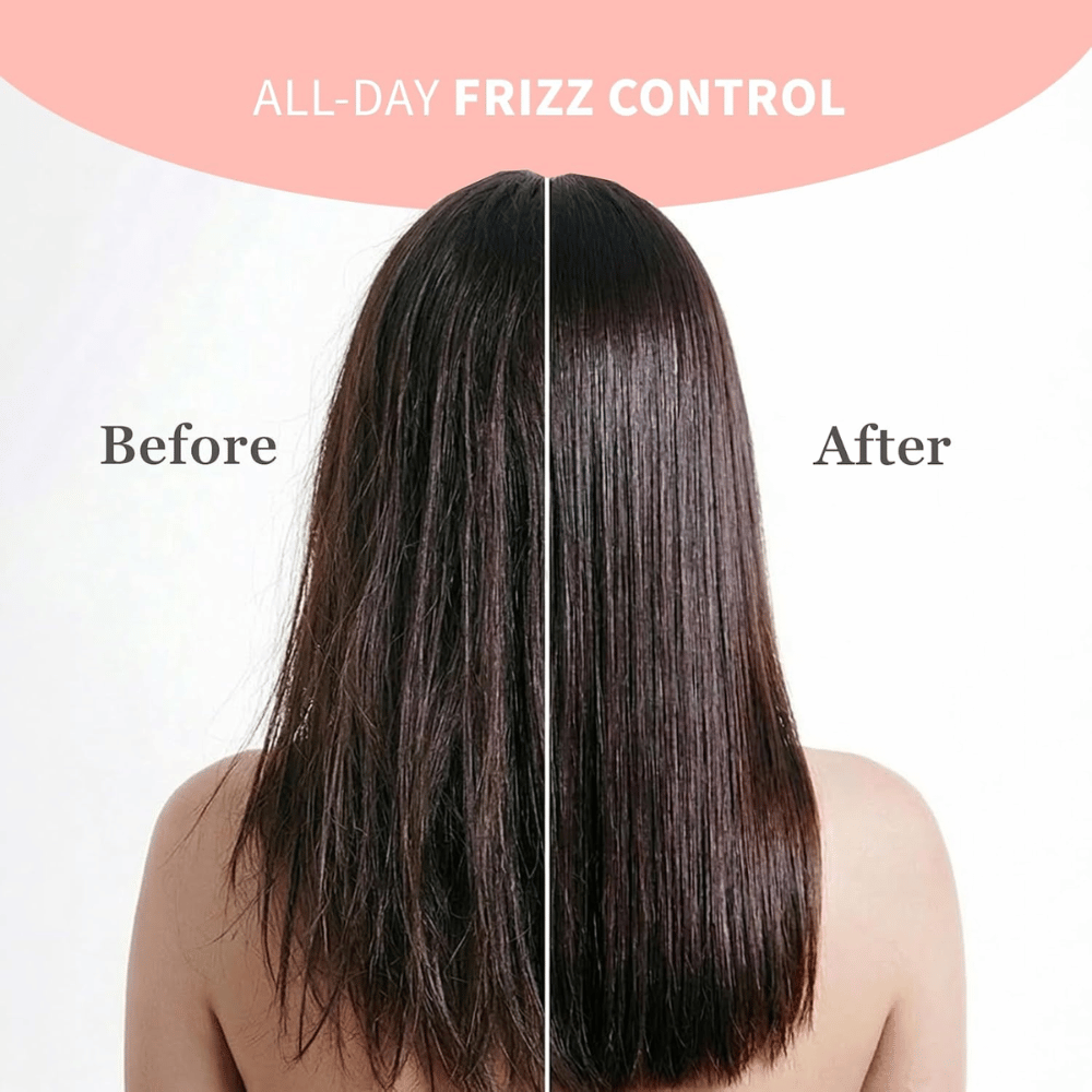 TOCOBO Heat Proof Hair Mist #01 Lowkey Famous – przed i po z kontrolą puszenia i gładszymi włosami