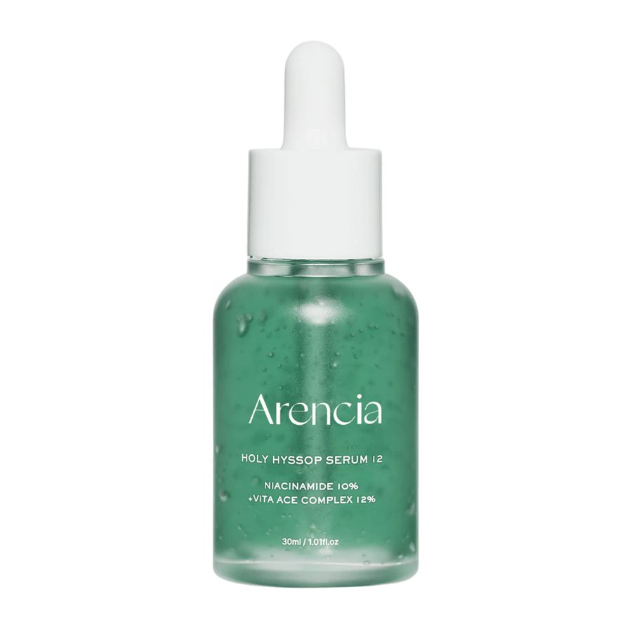 Arencia Holy Hyssop Serum 12 w zielonej szklanej butelce z pipetą, serum do twarzy z niacynamidem 10% i kompleksem witamin ACE 12%.