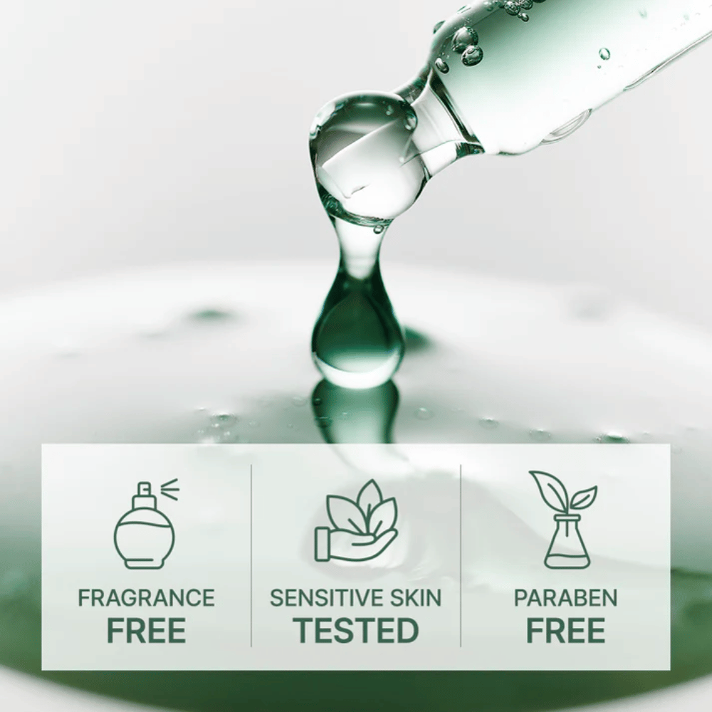 Kapiące serum z pipety z ikonami pokazującymi formułę bez perfum, testowaną dla wrażliwej skóry i bez parabenów.