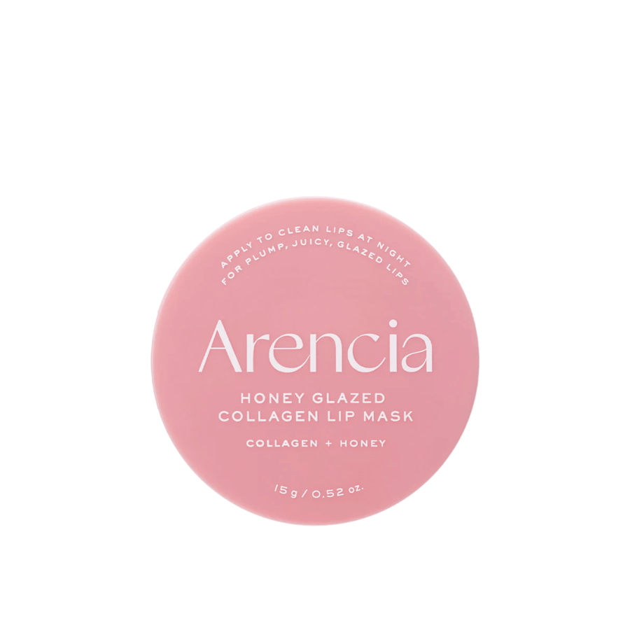 Czyste zdjęcie produktu Arencia Honey Glazed Collagen Lip Mask w różowym opakowaniu o minimalistycznym i eleganckim designie.