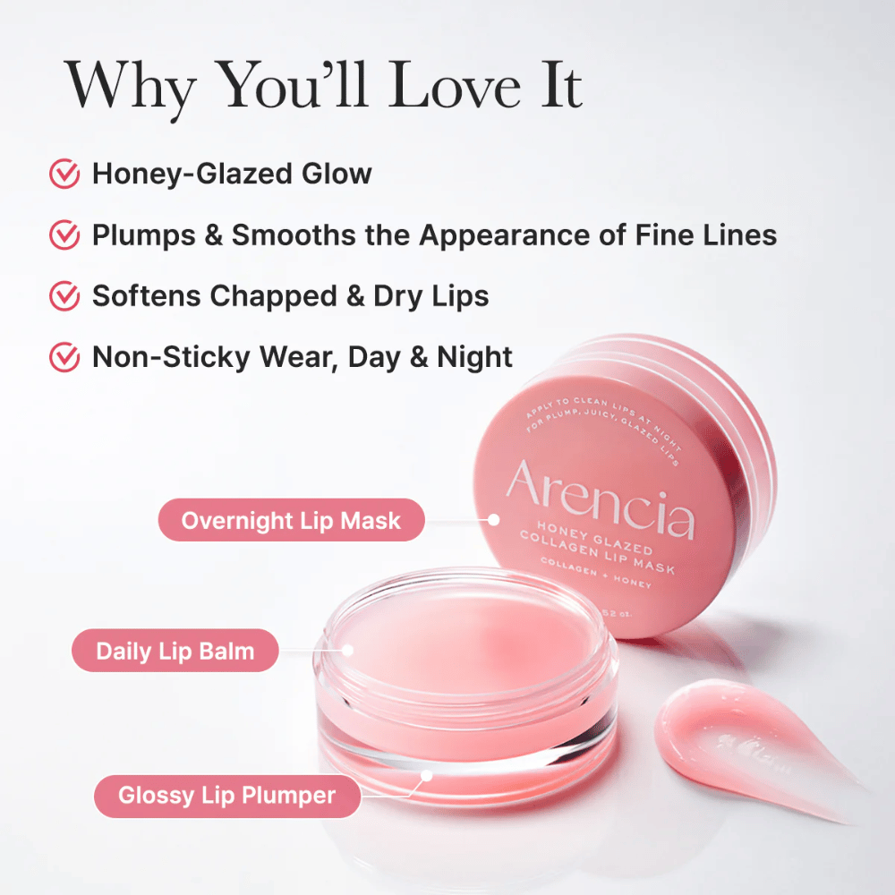 Zdjęcie produktu z otwartym słoiczkiem i aplikatorem, podkreślające zalety takie jak honey-glazed glow, bardziej miękkie usta oraz komfortowe stosowanie zarówno w dzień, jak i w nocy.