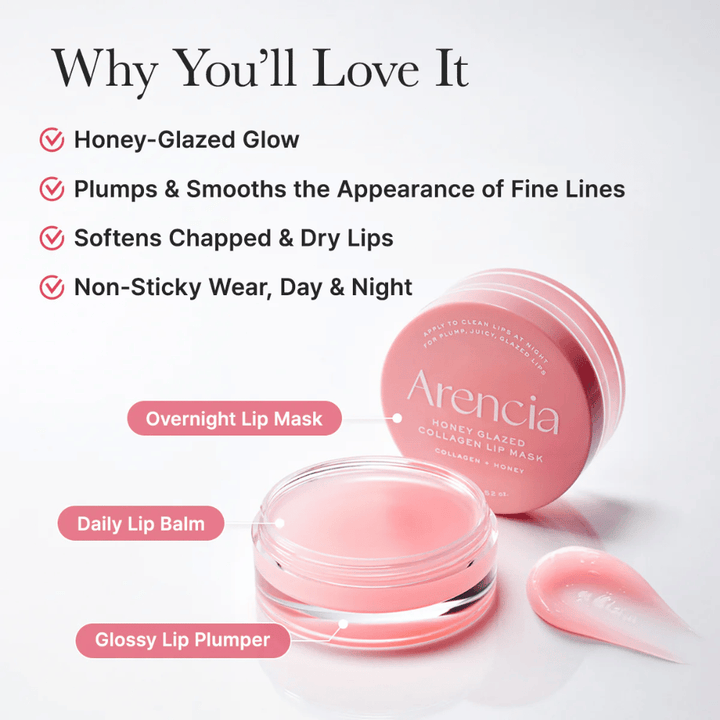 Zdjęcie produktu z otwartym słoiczkiem i aplikatorem, podkreślające zalety takie jak honey-glazed glow, bardziej miękkie usta oraz komfortowe stosowanie zarówno w dzień, jak i w nocy.