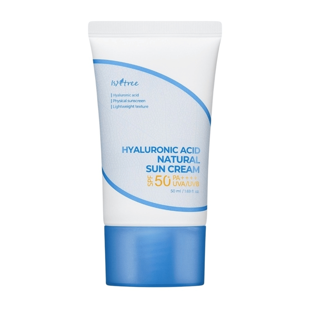 Isntree Hyaluronic Acid Natural Sun Cream z SPF50+ PA++++ chroni przed UVA/UVB, nawilża kwasem hialuronowym i nadaje się do skóry wrażliwej dzięki lekkiej, fizycznej i niekomedogennej formule.