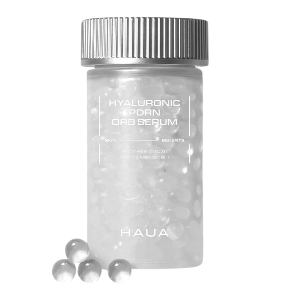 Zdjęcie produktu HAUA Hyaluronic PDRN Orb Serum na białym tle. Przezroczysty pojemnik jest wypełniony kulkami serum i podkreśla unikalną enkapsułowaną formułę produktu.