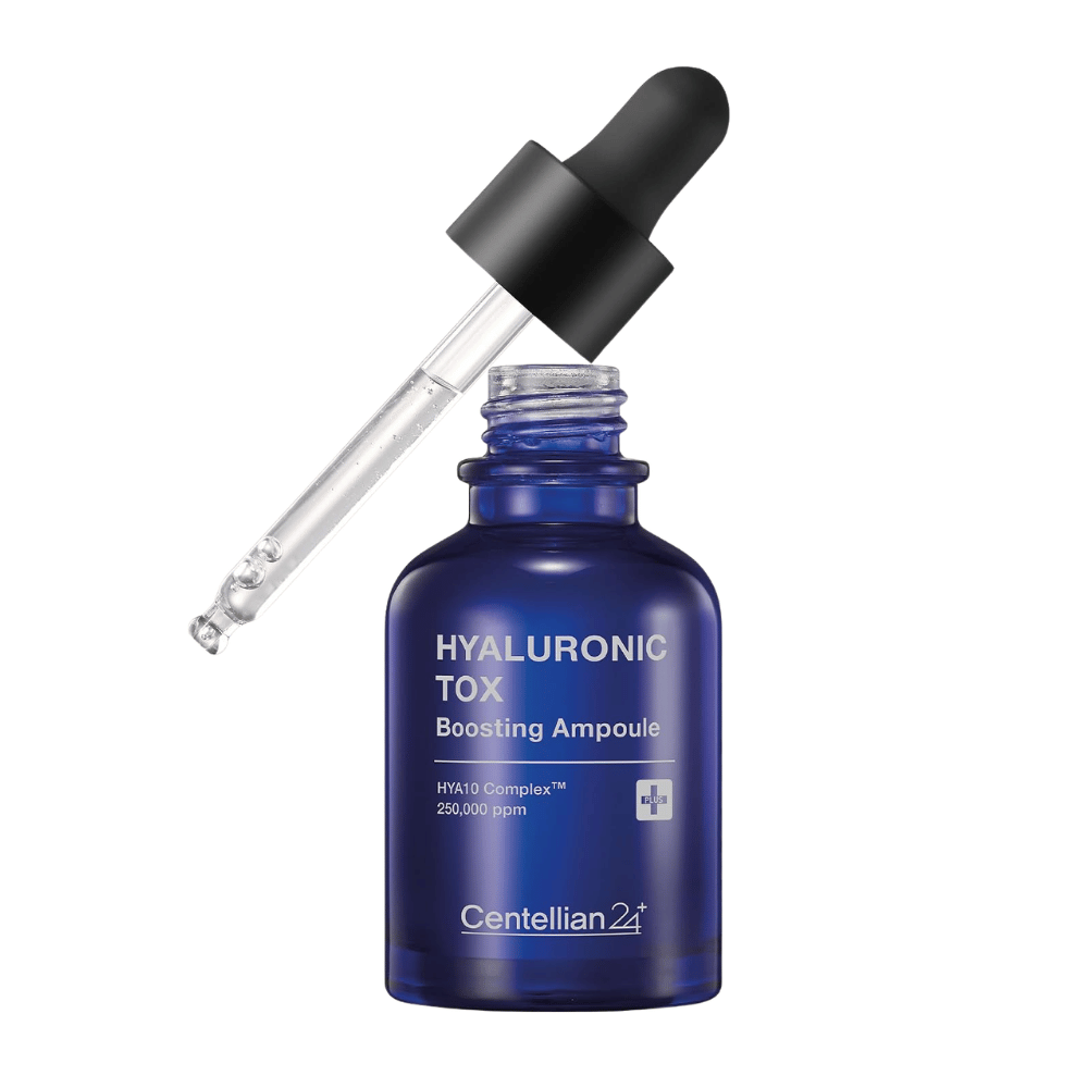5. Centellian24 Hyaluronic Tox Boosting Ampoule – niebieska szklana butelka z nawilżającym serum do twarzy i pipetą