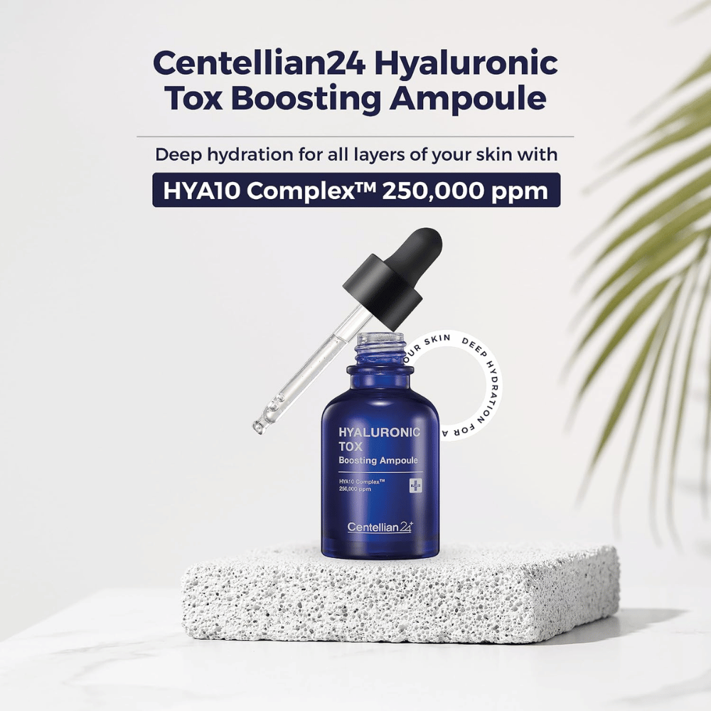 4. Centellian24 Hyaluronic Tox Boosting Ampoule – niebieska butelka serum z pipetą i kompleksem HYΑ10