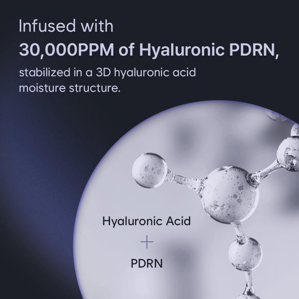 Graficzna ilustracja kwasu hialuronowego i PDRN w trójwymiarowej strukturze nawilżającej. Obraz podkreśla wysokie stężenie Hyaluronic PDRN w produkcie oraz jego technologię nawilżającą.