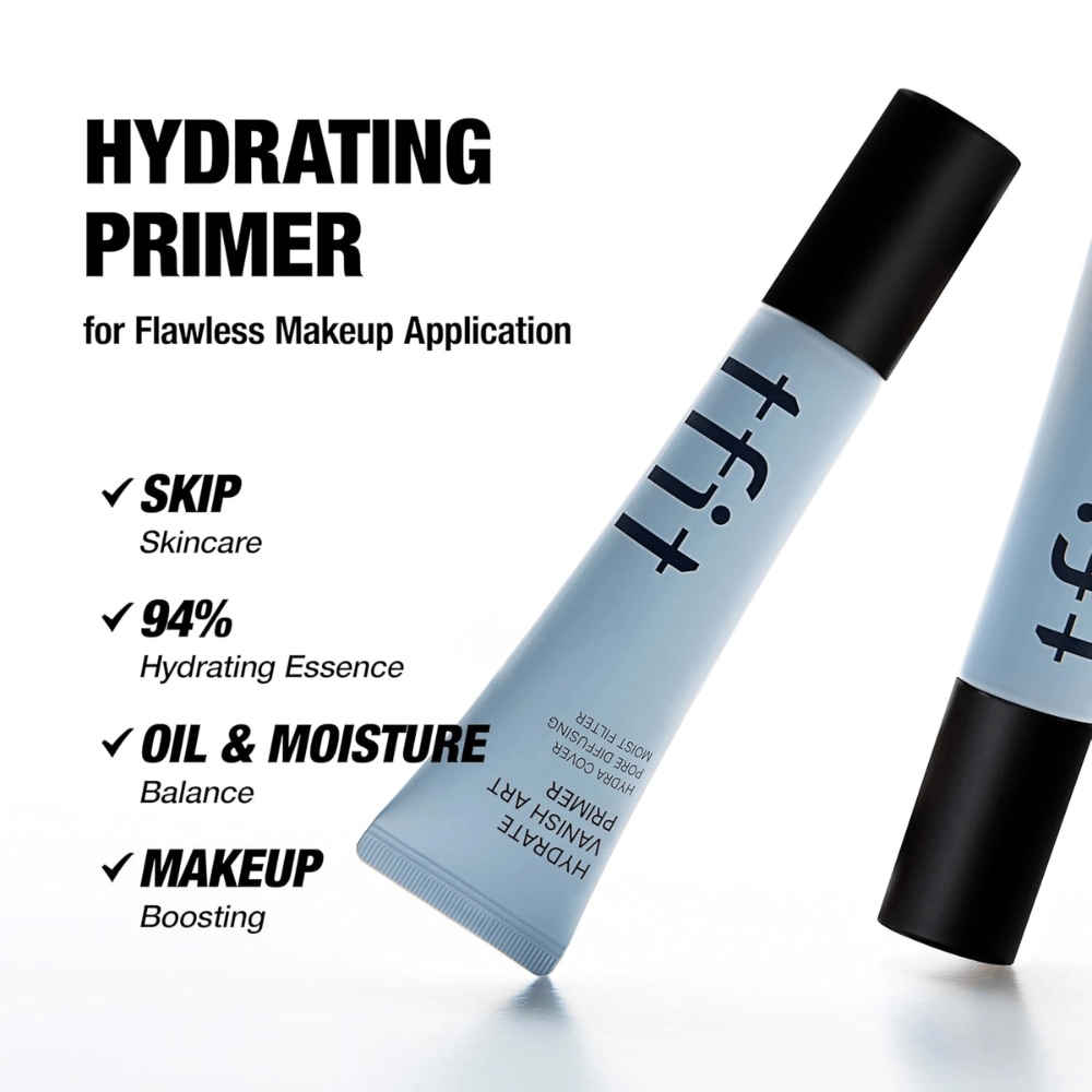 TFIT Hydrate Vanish Art Primer jest prezentowana z informacyjnym tekstem o zaletach produktu, w tym 94% nawilżającej esencji i równowadze olejowej – stworzona dla bardziej jednolitej bazy makijażu.