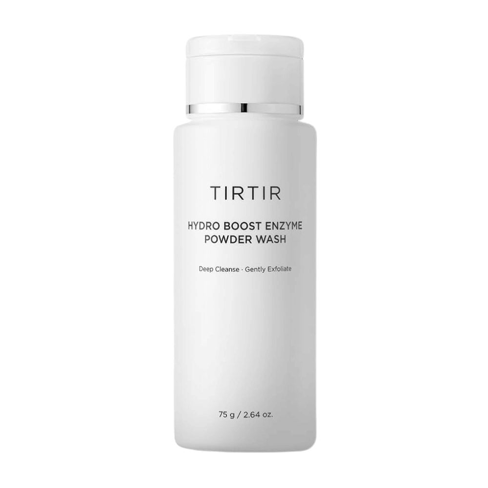 Biała, gładka butelka z TIRTIR Hydro Boost Enzyme Powder Wash. Tekst na butelce opisuje produkt jako głęboko oczyszczający i delikatnie złuszczający środek do mycia twarzy. Rozmiar podany to 75 g / 2.64 oz.