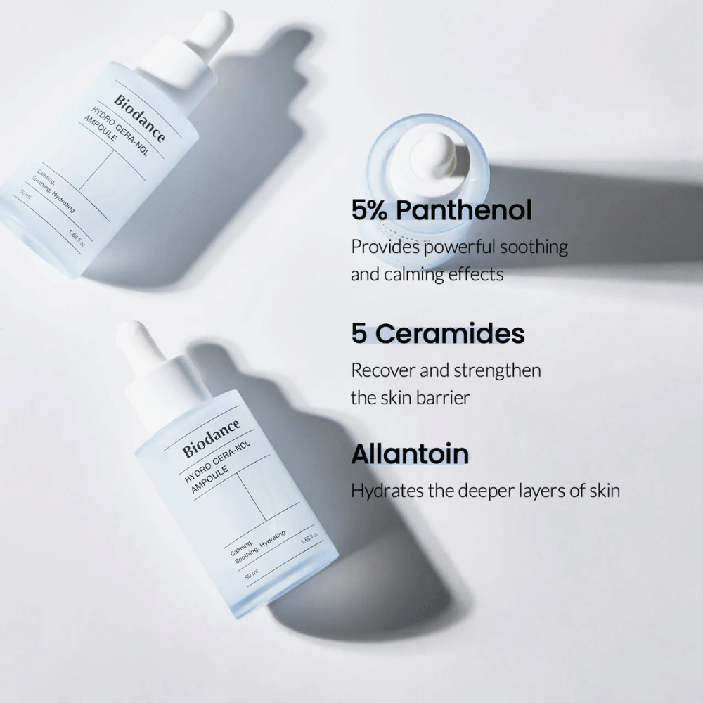Biodance Hydro Cera-Nol Ampoule – Intensywne nawilżenie i wzmocnienie bariery skórnej.

💙 5% Pantenol – Łagodzi i zmniejsza podrażnienia skóry.
🛡️ 5 Ceramidów – Odbudowuje i wzmacnia ochronną barierę skóry.
💧 Alantoina – Głęboko nawilżająca dla miękkiej skóry.

Idealna dla wrażliwej i suchej skóry, która potrzebuje dodatkowej pielęgnacji!