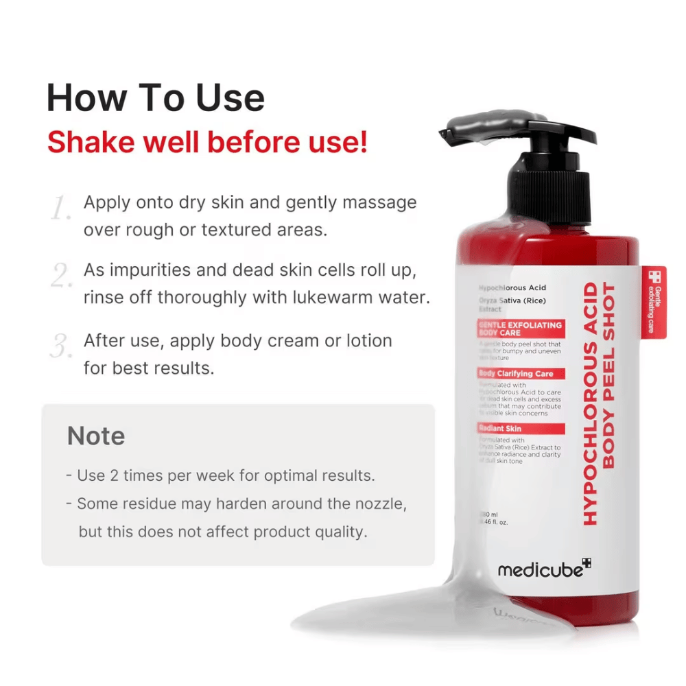 Grafika instruktażowa dla Medicube Hypochlorous Acid Body Peel Shot, pokazująca krok po kroku, jak stosować peeling do ciała dla złuszczania i bardziej miękkiej skóry.