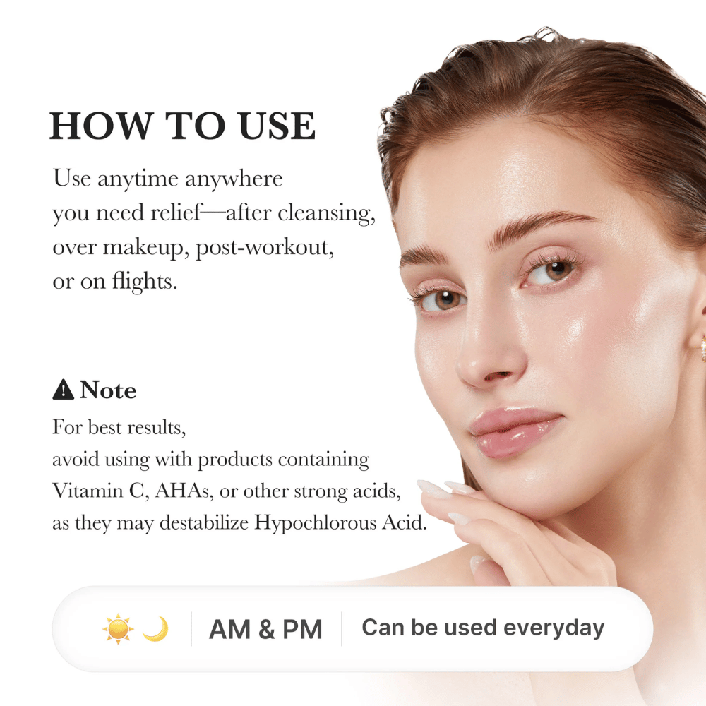 Przewodnik użytkowania przedstawiający modelkę z nawilżoną i promienną skórą. Grafika wyjaśnia, że spray może być stosowany po oczyszczaniu, na makijaż, po treningu lub w trakcie podróży. Zawiera również informację, aby unikać stosowania razem z silnymi kwasami, takimi jak AHA i witamina C.