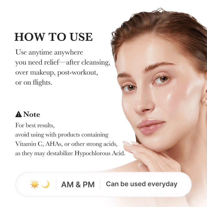 Przewodnik użytkowania przedstawiający modelkę z nawilżoną i promienną skórą. Grafika wyjaśnia, że spray może być stosowany po oczyszczaniu, na makijaż, po treningu lub w trakcie podróży. Zawiera również informację, aby unikać stosowania razem z silnymi kwasami, takimi jak AHA i witamina C.