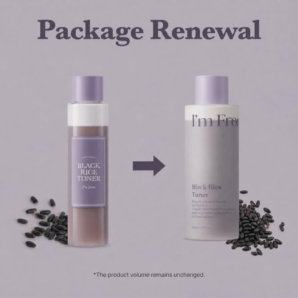I'm From Black Rice Toner 150 ml, porównanie wcześniejszej przezroczystej butelki i nowego jasnofioletowego opakowania.