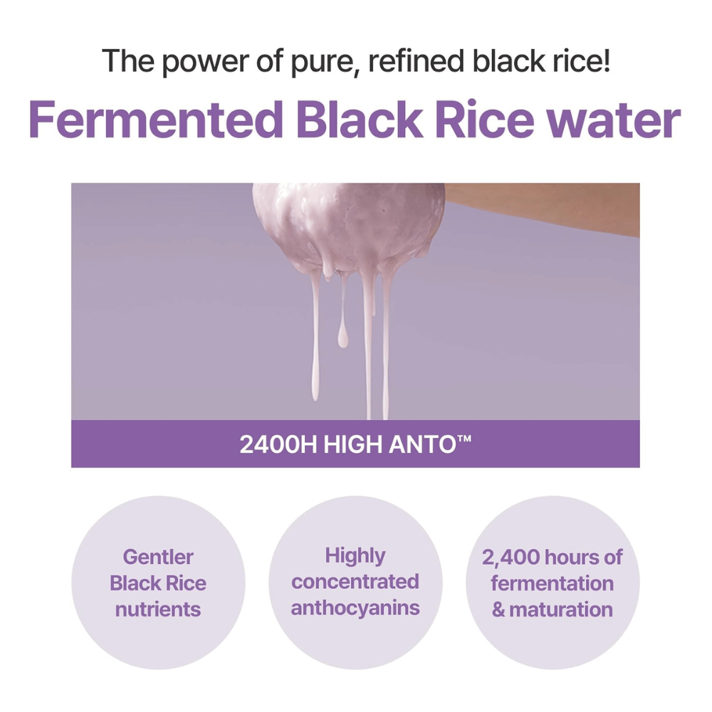 I'm From Black Rice Toner z fermentowaną wodą z czarnego ryżu. Ilustracja właściwości składnika i procesu fermentacji.